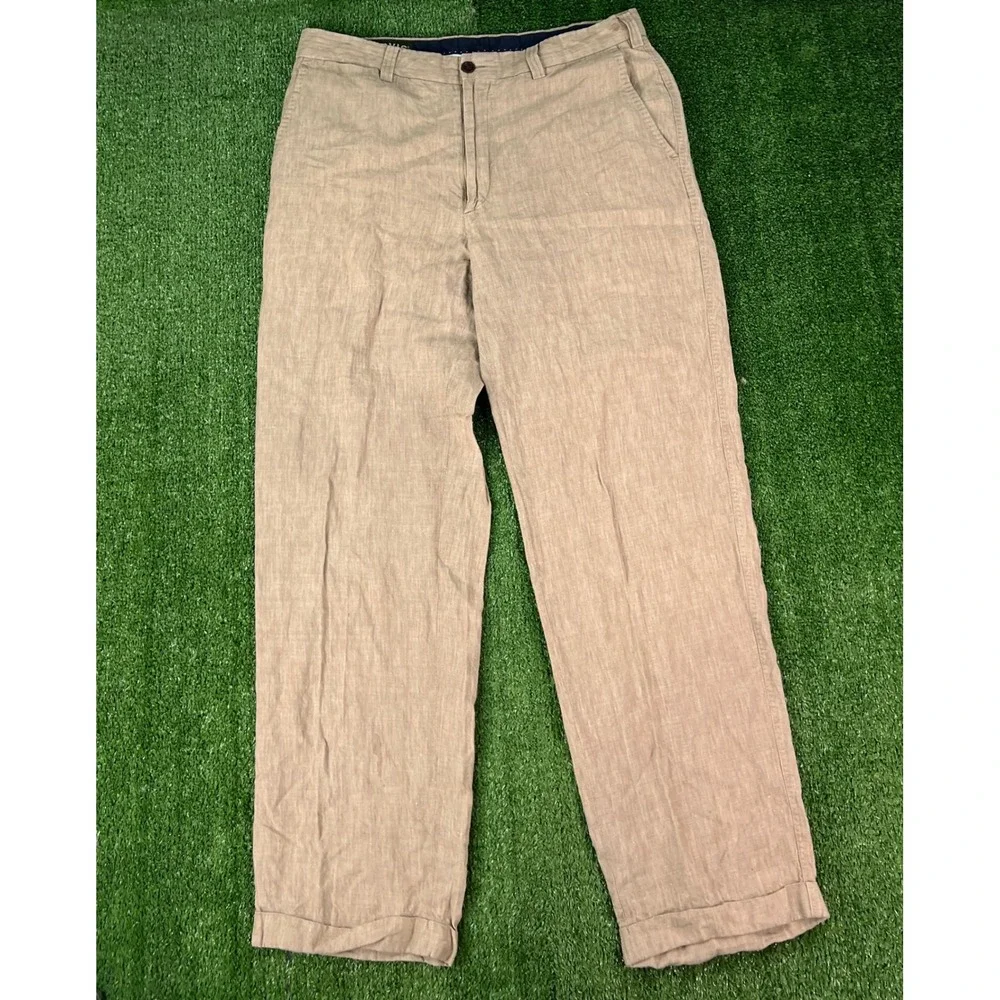 Orvis Mens 100% Linen Flat Front Pants 36 Tan Khaki Cuffed Straight Leg Portugal